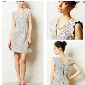 Anthropologie Dress Gray White Floral Lace Sleeveless‎ V Neck Party